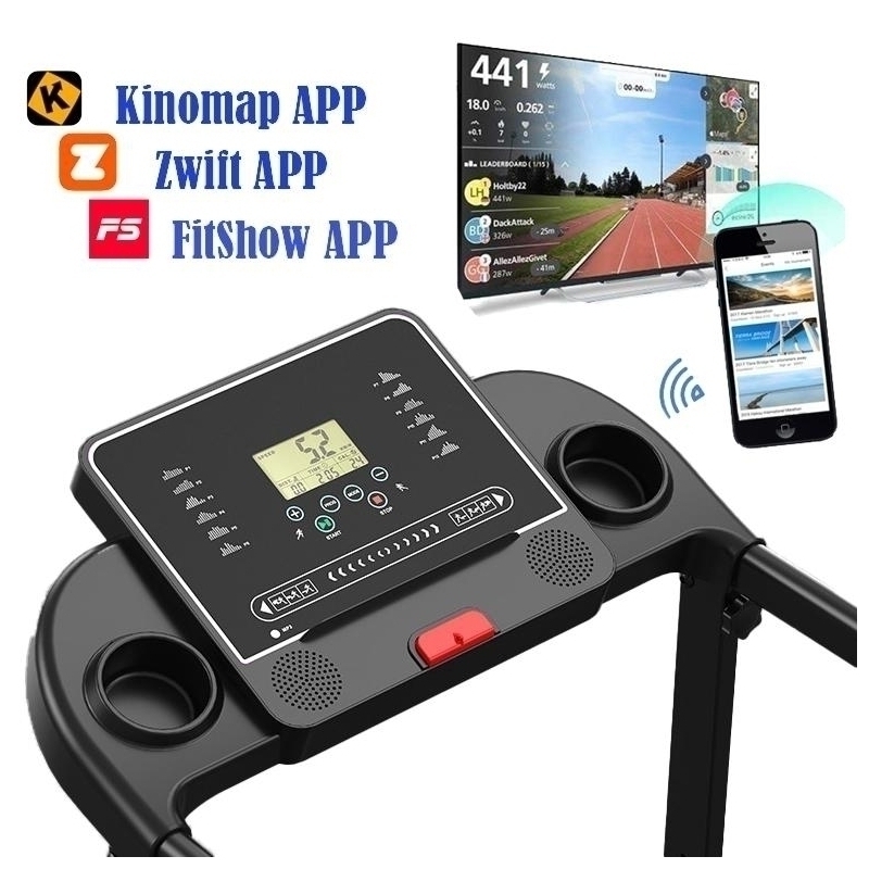 Banda de alergare electrica FitTronic K1100, motor de 2.5 CP, greutate suportata 110 kg, 4 moduri de alergare pana la 12 km/h, muzica prin Bluetooth, control cu smartphone prin aplicatii: Fitshow, Kinomap, Zwift