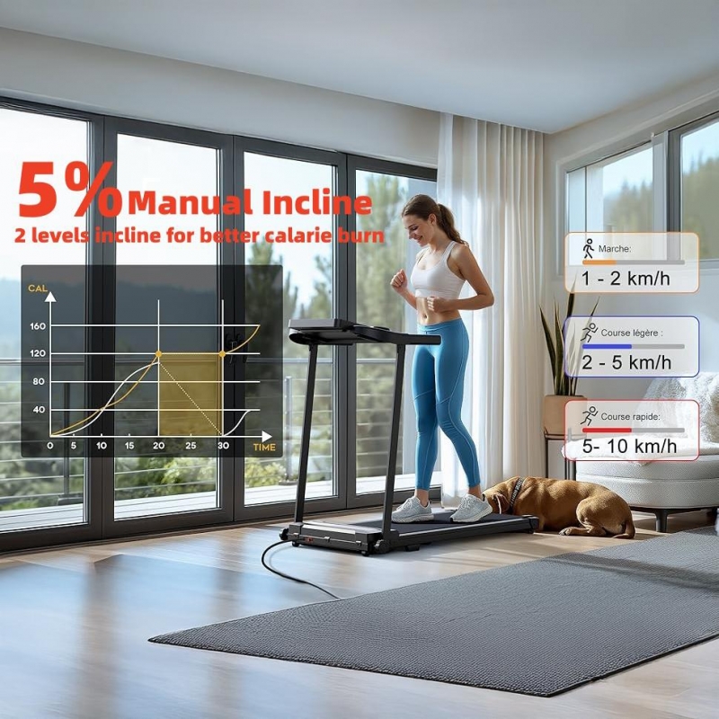Banda de alergare electrica FitTronic K1100, motor de 2.5 CP, greutate suportata 110 kg, 4 moduri de alergare pana la 12 km/h, muzica prin Bluetooth, control cu smartphone prin aplicatii: Fitshow, Kinomap, Zwift