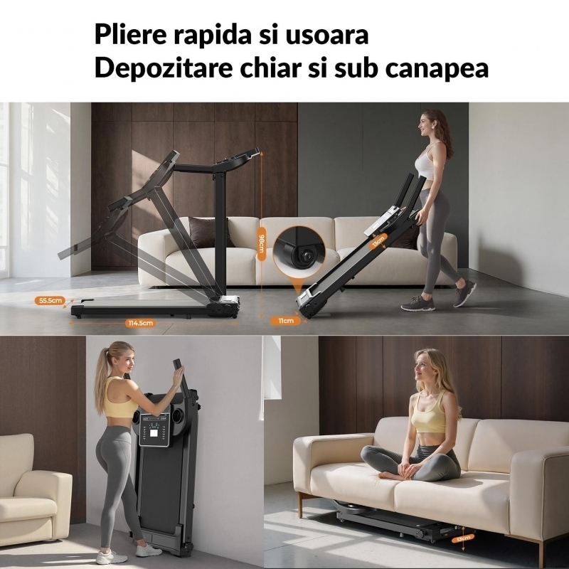 Banda de alergare electrica FitTronic K1100, motor de 2.5 CP, greutate suportata 110 kg, 4 moduri de alergare pana la 12 km/h, muzica prin Bluetooth, control cu smartphone prin aplicatii: Fitshow, Kinomap, Zwift