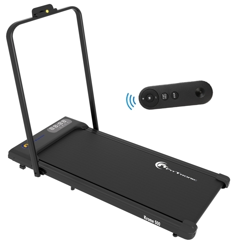 Banda de alergare FitTronic Krome 500, motor 2 CP, viteza maxima 8 km/h, latime suprafata de alergare 40 cm, pliabila doar 11 cm, 12 programe de antrenament