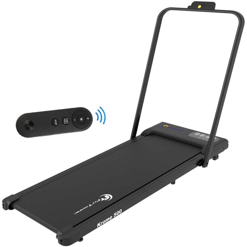 Banda de alergare FitTronic Krome 500, motor 2 CP, viteza maxima 8 km/h, latime suprafata de alergare 40 cm, pliabila doar 11 cm, 12 programe de antrenament