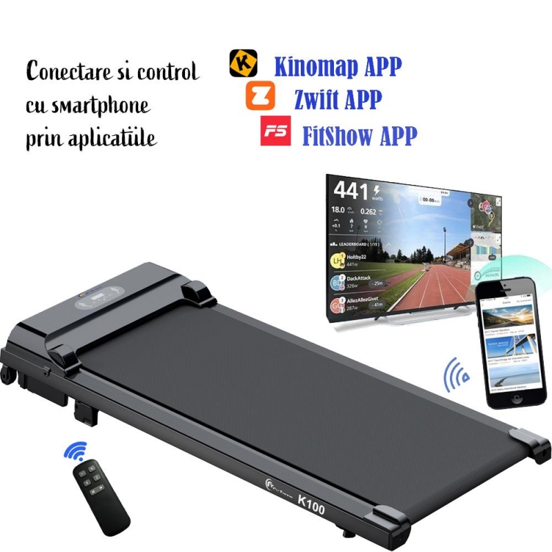 Banda de alergare electrica FitTronic K100, motor de 2.0 CP, greutate suportata 120 kg, telecomanda inclusa, bluetooth, aplicatii Kinomap, Zwift, FitShow