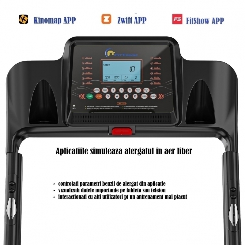 Banda de alergare electrica FitTronic K4000, motor de 3.5 CP, greutate suportata 140 kg, inclinatie 15%, viteza pana la 16km/h, suprafata alergare 120 x 46 cm, bluetooth, control prin aplicatii: Zwift, Fitshow, Kinamap