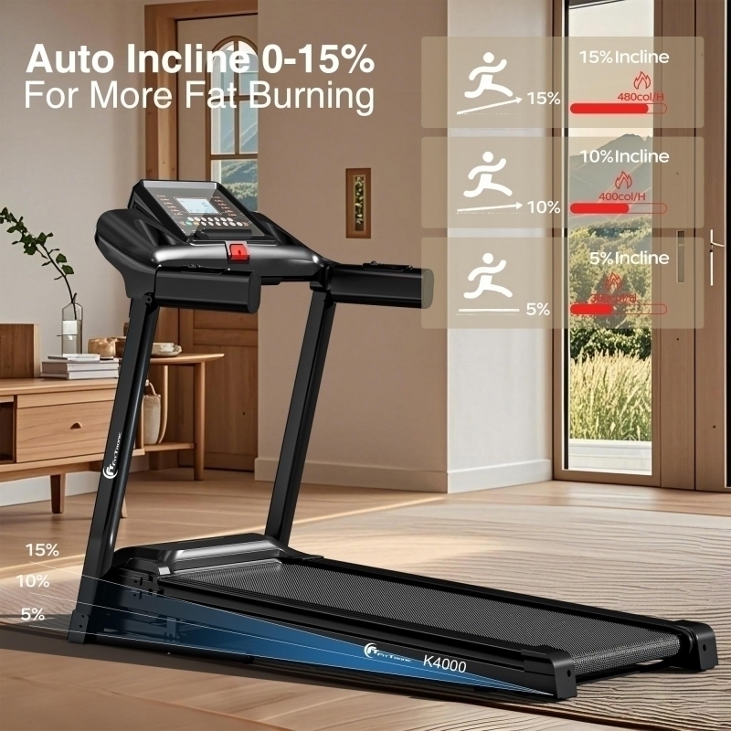 Banda de alergare electrica FitTronic K4000, motor de 3.5 CP, greutate suportata 140 kg, inclinatie 15%, viteza pana la 16km/h, suprafata alergare 120 x 46 cm, bluetooth, control prin aplicatii: Zwift, Fitshow, Kinamap