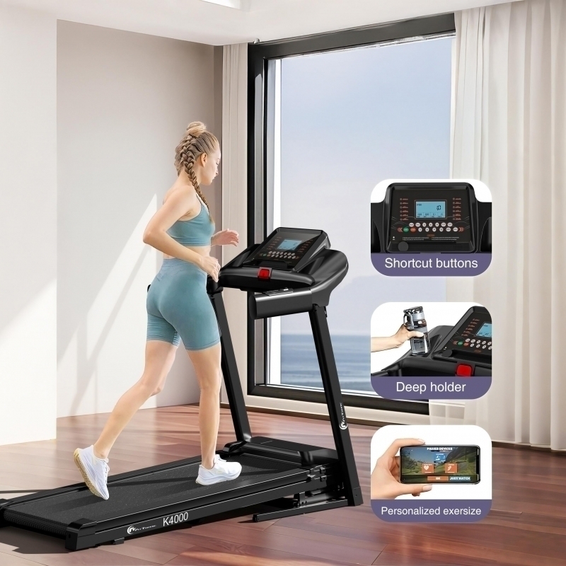 Banda de alergare electrica FitTronic K4000, motor de 3.5 CP, greutate suportata 140 kg, inclinatie 15%, viteza pana la 16km/h, suprafata alergare 120 x 46 cm, bluetooth, control prin aplicatii: Zwift, Fitshow, Kinamap