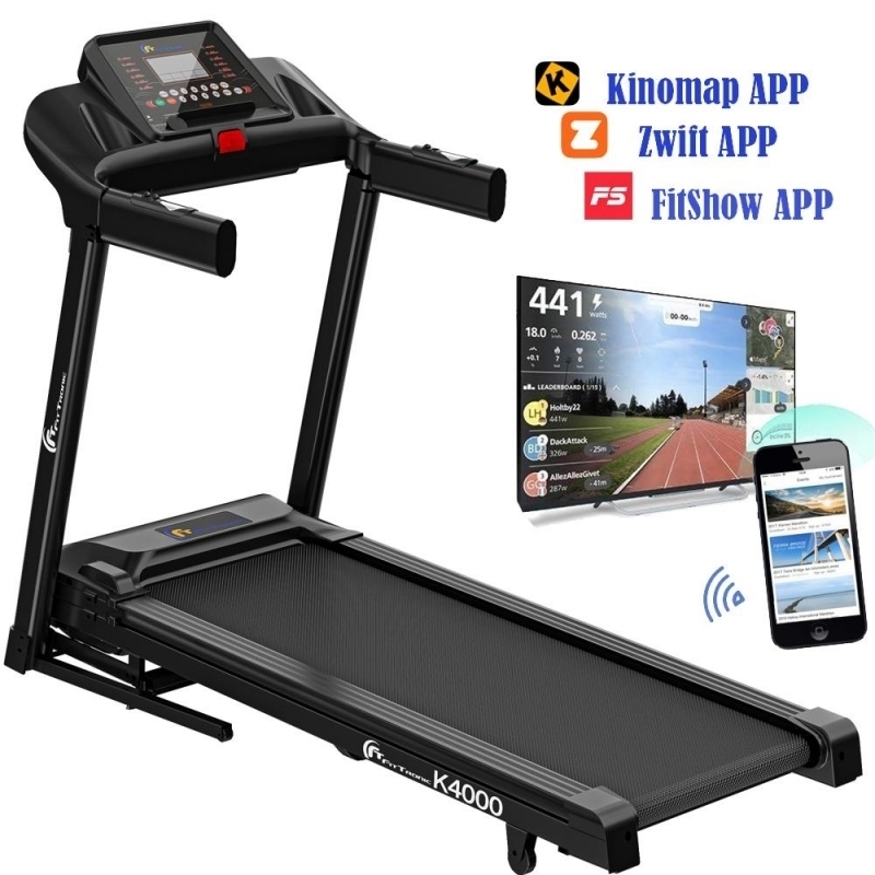 Banda de alergare electrica FitTronic K4000, motor de 3.5 CP, greutate suportata 140 kg, inclinatie 15%, viteza pana la 16km/h, suprafata alergare 120 x 46 cm, bluetooth, control prin aplicatii: Zwift, Fitshow, Kinamap