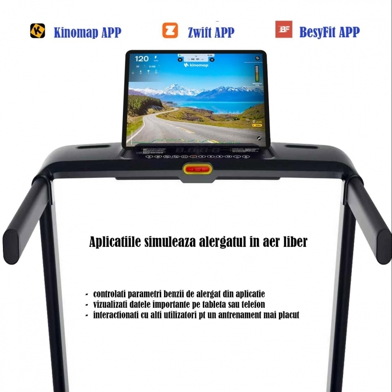 Banda de alergare FitTronic Delta 3500 PRO, motor 2 CP, viteza maxima 16 km/h, inclinatie electrica 25%, greutate suportata 120 kg, suprafata alergare 120 x 45 cm, Aplicatii  Kinomap, Zwift, Besyfit