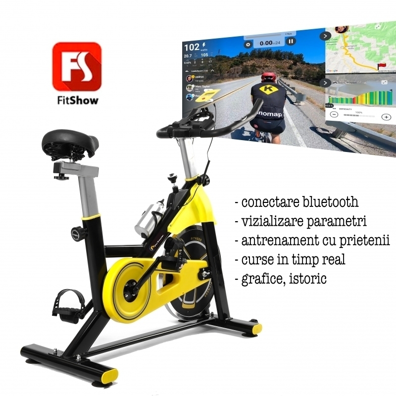 Bicicleta indoor cycling FitTronic SB5000, Fitshow app, afisaj inclus, volanta 10 kg