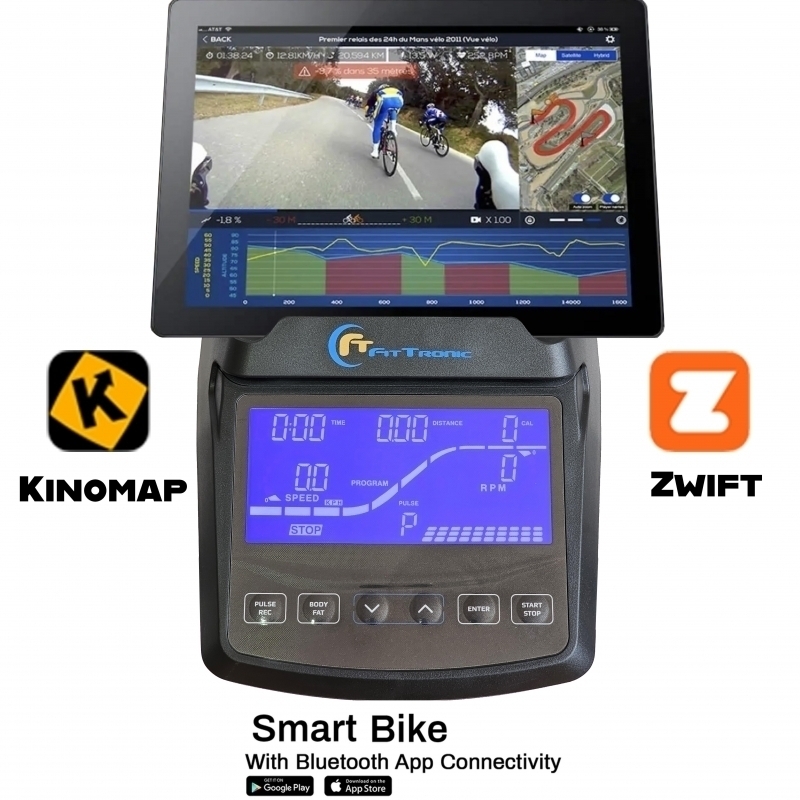 Bicicleta ergometrica orizontala FitTronic® 513 RP, display mare, electromagnetica, 13 programe, 32 trepte de dificultate, Apps Kinomap, Zwift