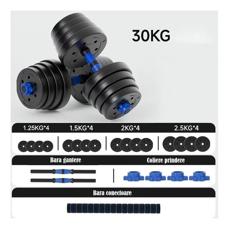 Set gantere reglabile FitTronic 30 kg, BG30, 2 gantere de 15 kg si bara de conectare inclusa, sigurante cu filet