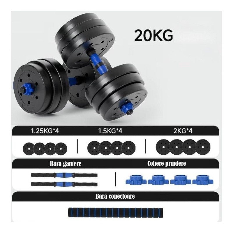 Set gantere reglabile FitTronic 20 kg, BG20, 2 gantere de 10 kg si bara de conectare inclusa, sigurante cu filet