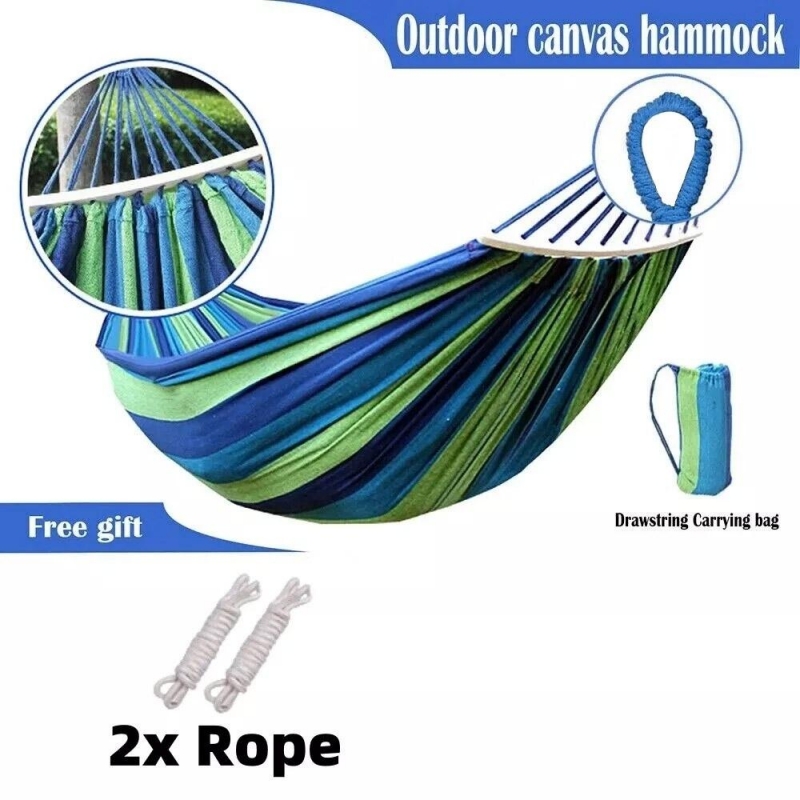 Hamac de gradina DeHome Hot 10B, material textil, greutate suportata 200 kg, multicolor, bare din lemn, sistem de prindere cu sfori, saculet depozitare