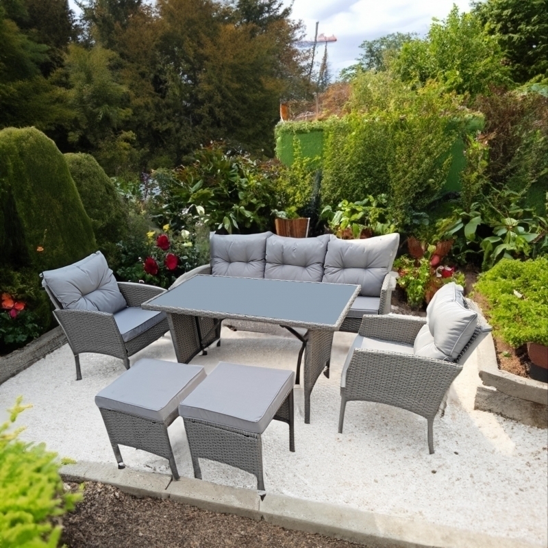 Set mobilier de gradina DeHome MG781, 7 locuri, masa, canapea, fotolii, tabureti Gri