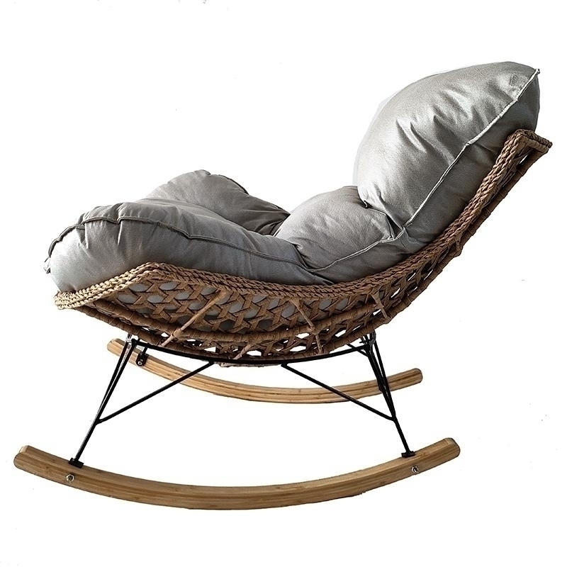 Fotoliu balansoar de gradina, terasa sau living, DeHome Luna 20, structura din ratan artificial si metal, talpi din lemn, cu perna XL inclusa, Gri-Natur