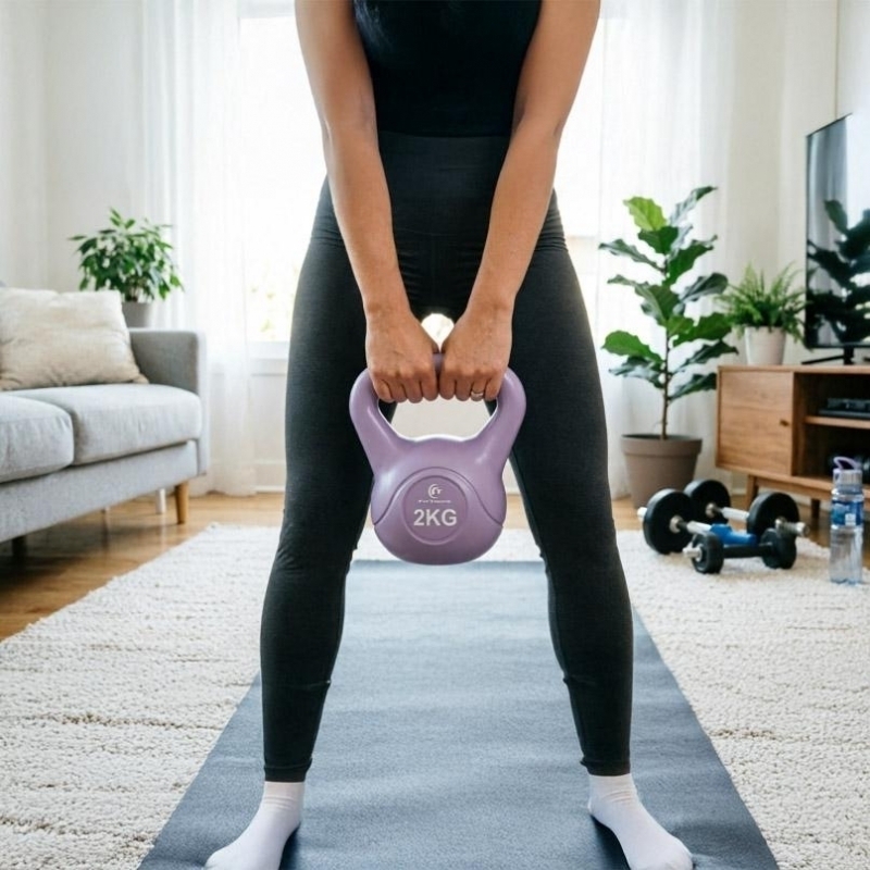 Gantera kettlebell FitTronic DK2, 2 kg, fitness, pilates, crossfit, recuperare, forma clopot, maner antiderapant, rezistenta la apa, culoare mov-lila