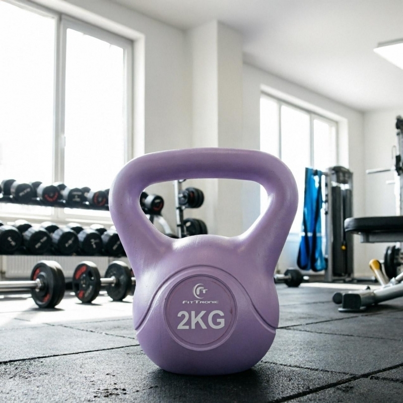 Gantera kettlebell FitTronic DK2, 2 kg, fitness, pilates, crossfit, recuperare, forma clopot, maner antiderapant, rezistenta la apa, culoare mov-lila