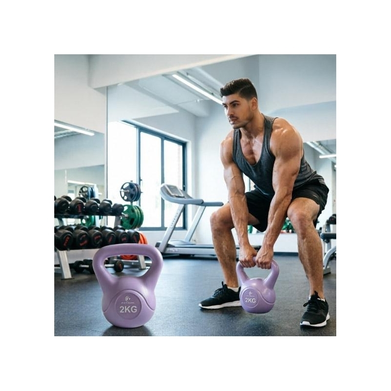 Gantera kettlebell FitTronic DK2, 2 kg, fitness, pilates, crossfit, recuperare, forma clopot, maner antiderapant, rezistenta la apa, culoare mov-lila