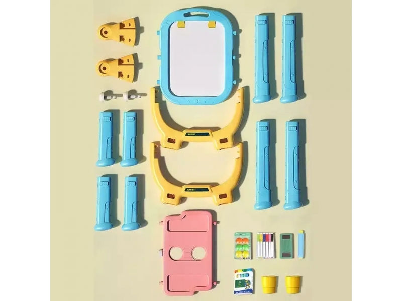 Tabla magnetica 2 in 1 AliBibi, cu stativ si accesorii de scriere, galben-albastru
