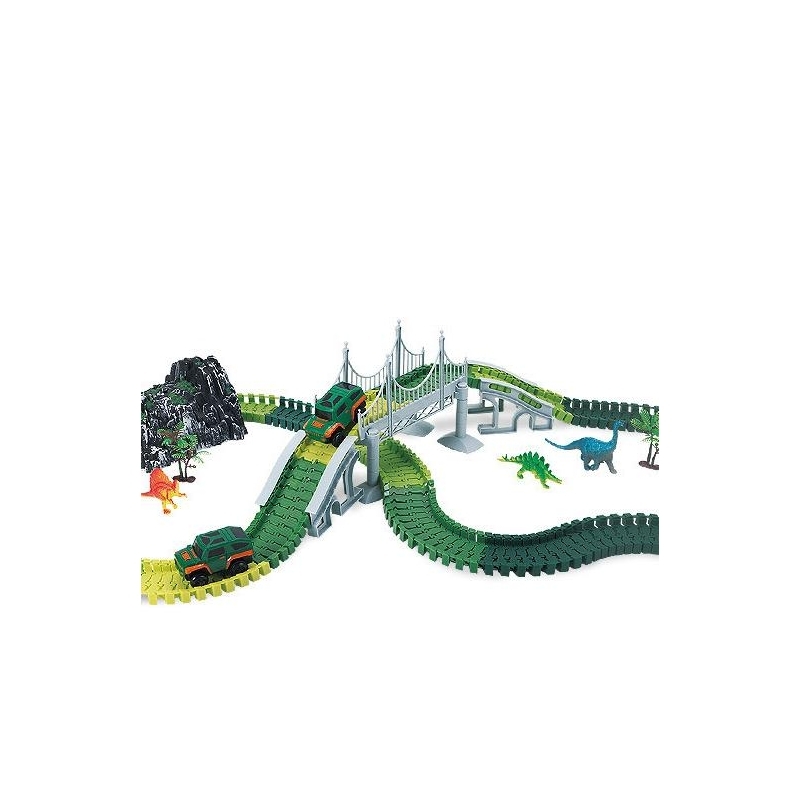 Pista de masini AliBibi cu dinozauri, 213 piese incluse, doua masinute, figurine cu dinozauri