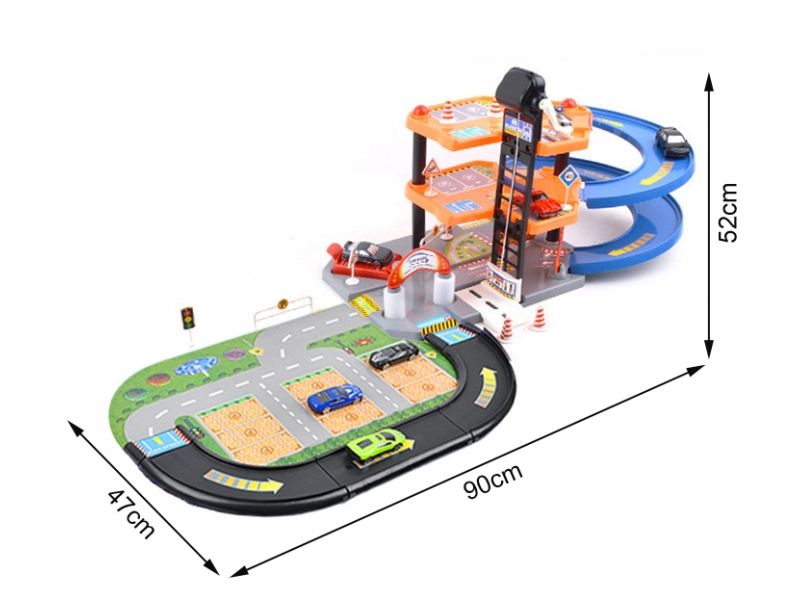 Set pista de masinute Alibibi si parcare cu 3 masinute si un elicopter inclus