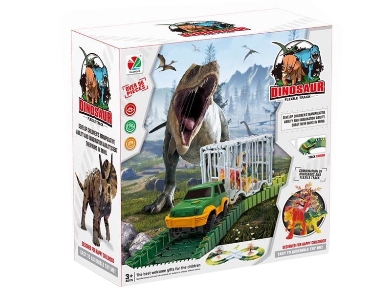 Pista de masini cu dinozauri si masina off-road, cu 96 de accesorii