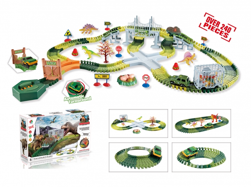 Pista de curse cu dinozauri AliBibi, 240 de piese, lumini, masinute incluse si dinozauri