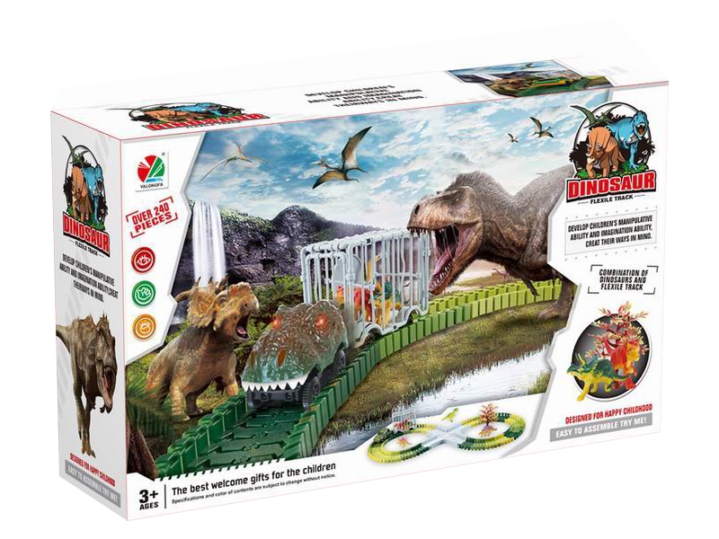Pista de curse cu dinozauri AliBibi, 240 de piese, lumini, masinute incluse si dinozauri