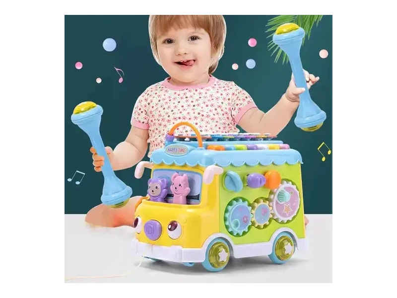 Autobuz interactiv multifunctional AliBibi, cu pian, cu xilofon, sortator, carusel de jucarii