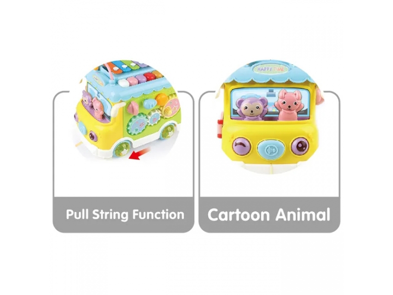 Autobuz interactiv multifunctional AliBibi, cu pian, cu xilofon, sortator, carusel de jucarii