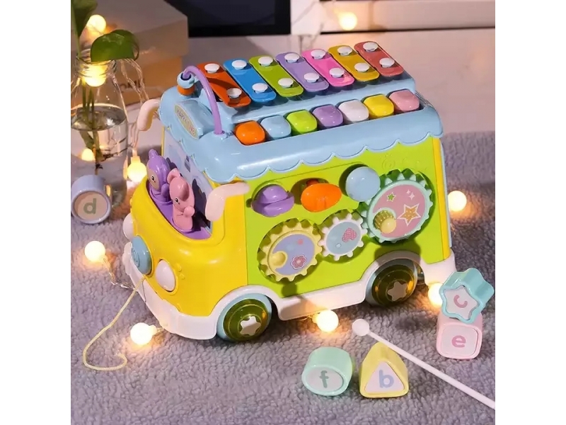 Autobuz interactiv multifunctional AliBibi, cu pian, cu xilofon, sortator, carusel de jucarii