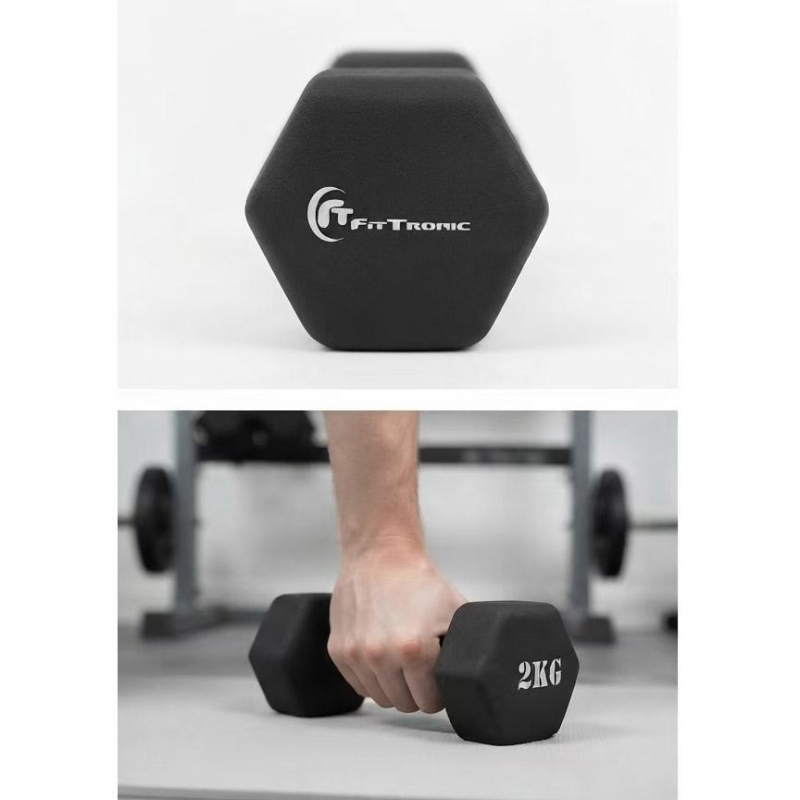Set gantere hexagonale cauciucate FitTronic D1, 2 x 2 kg, fitness, aerobic, pilates, prindere confortabila, culoare neagra