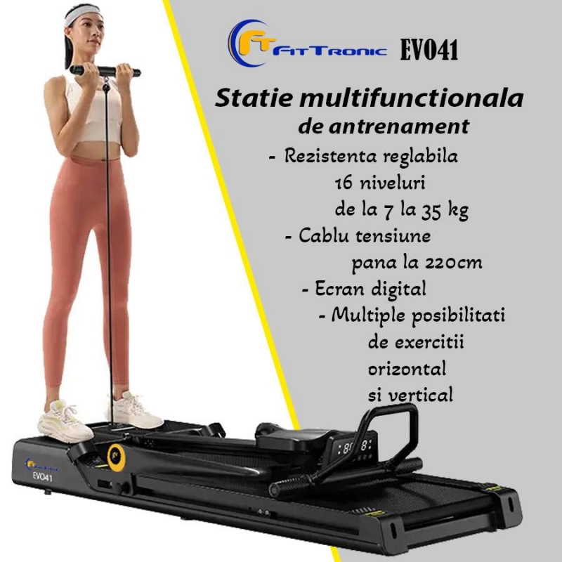 Banda de alergat revolutionara FitTronic EVO Complete Training 4 in 1, Antrenament complet: Alergare, Vaslit, Abdomen si Power Station. 4 aparate in 1. Echipament de cardio si forta. Motor 3 CP