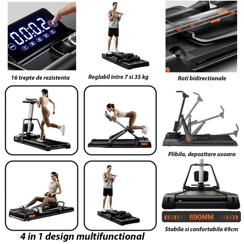 Banda de alergat revolutionara FitTronic EVO Complete Training 4 in 1, Antrenament complet: Alergare, Vaslit, Abdomen si Power Station. 4 aparate in 1. Echipament de cardio si forta. Motor 3 CP