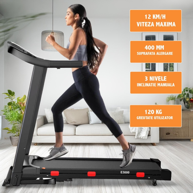 Banda de Alergat Electrica FitTronic EVO 3000, Motor 2.0 CP, Suport 120 kg, Amortizare Dublu-Strat, Pliabila, Ideala pentru Home Training
